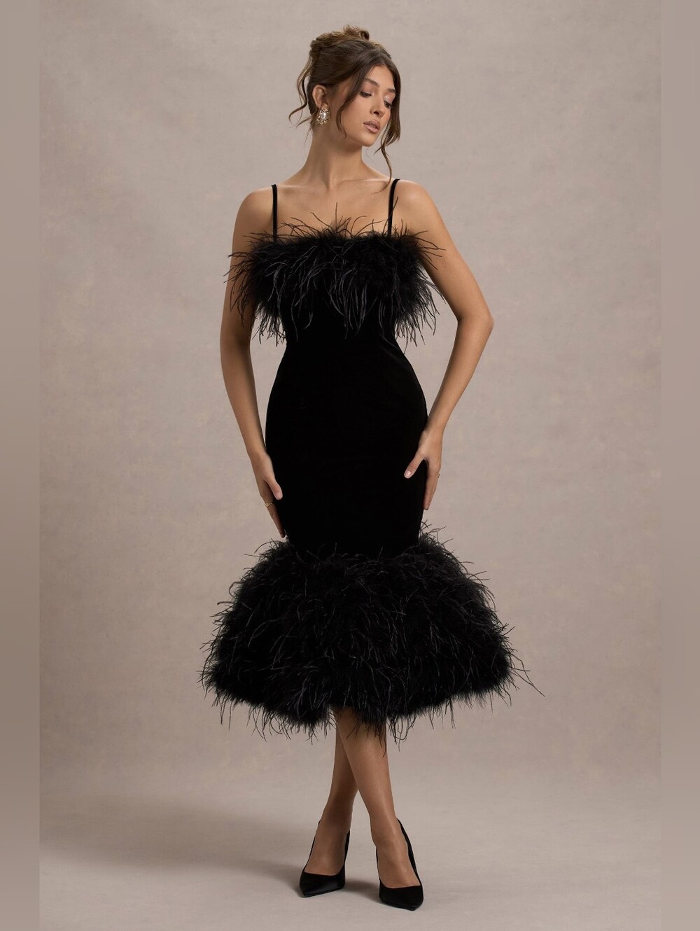 Club L London Black Kalena Velvet Feather Trim Bodycon Midi Dress NWT
